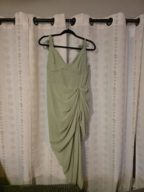 PrettyLittleThing Sage Green Polka Dot Ruched Midi Dress